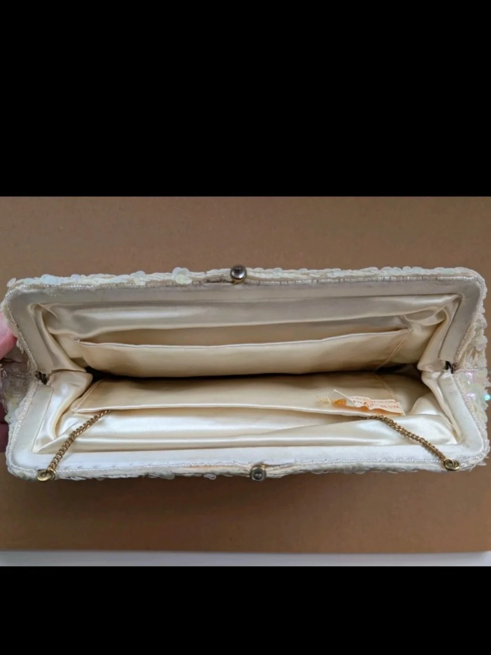 VTG 60s Josef Beaded Sequin Clutch Purse Cream Iridescent Hand Beaded In France